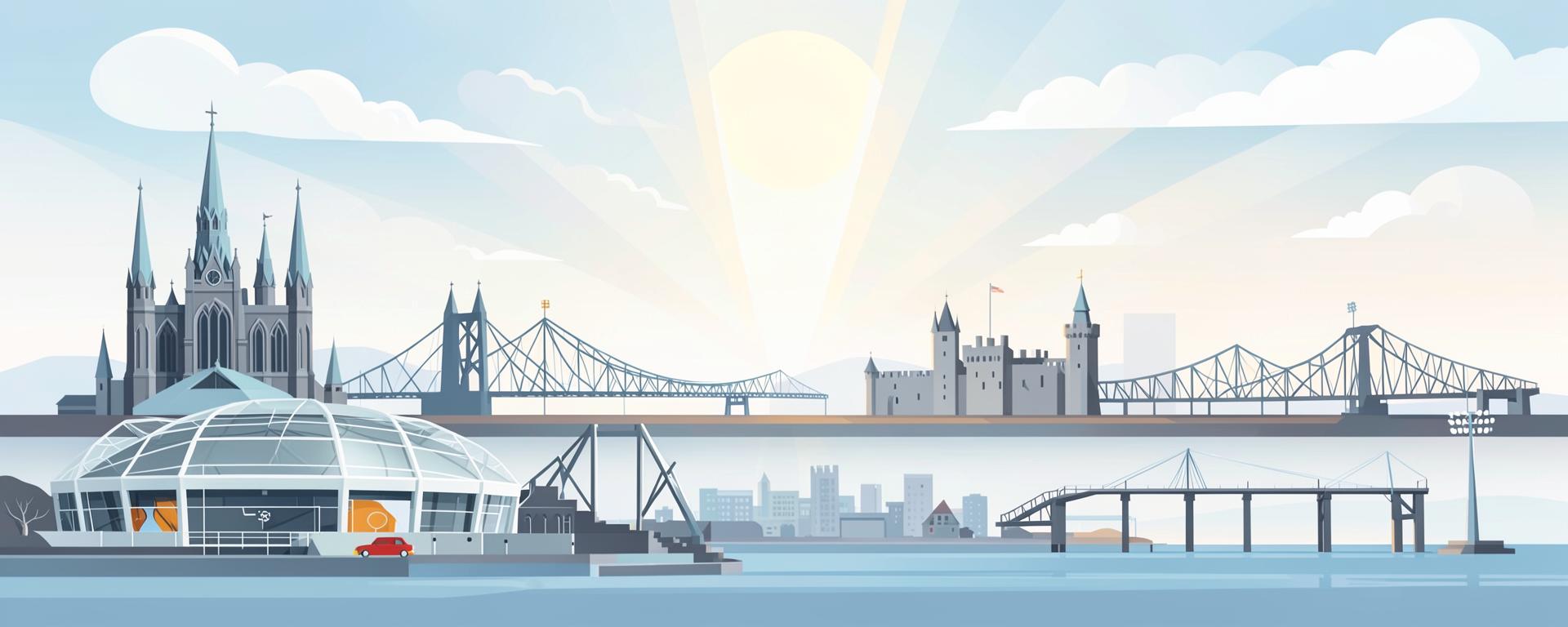 Stylised illustration of Championship football cities — cathedrals, bridges, castles and stadiums under a bright sky